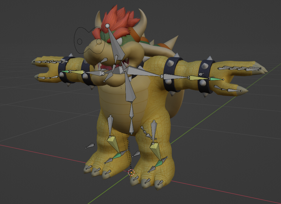 Bowser's completed character rig. Bowser has a movable jaw unlike Mario who uses multiple meshes for each facial expression.