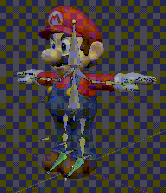 Mario's character rig after remake. IK works as expected on the armature however, some parts of the mesh don't work accurately as seen. This is because blender automatically assigns weights to each vertex. These weights determine which bones affect it and by how much. Solution is to use Blender's weight paint to determine what bones affect what part of the mesh.