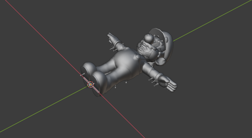 Mario model imported into Blender. He has multiple meshes for each expression (as seen from the clipping on the face) as it is quicker to hide and show certain meshes for certain attacks in the game without the need to deform a mesh while playing.