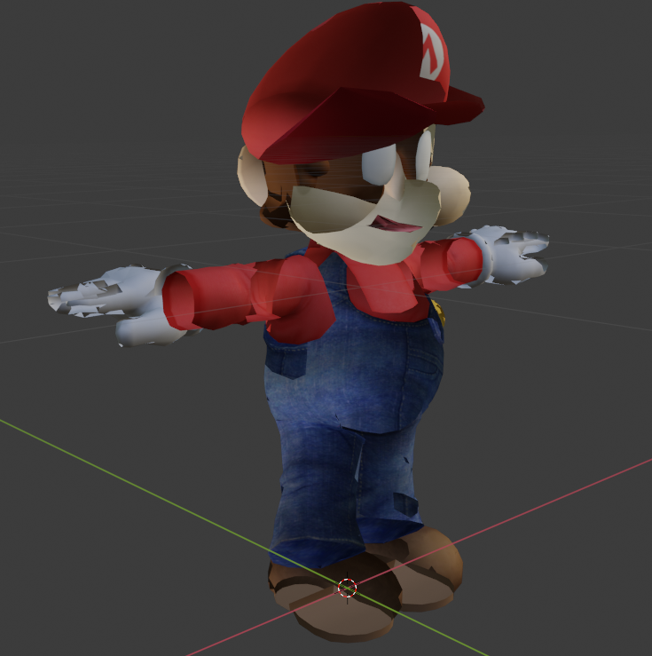 Mario in Material View. No lighting and obvious issues. You can't see the moustache and from where the camera is facing. When rotating the camera, features seem to pop in and out.